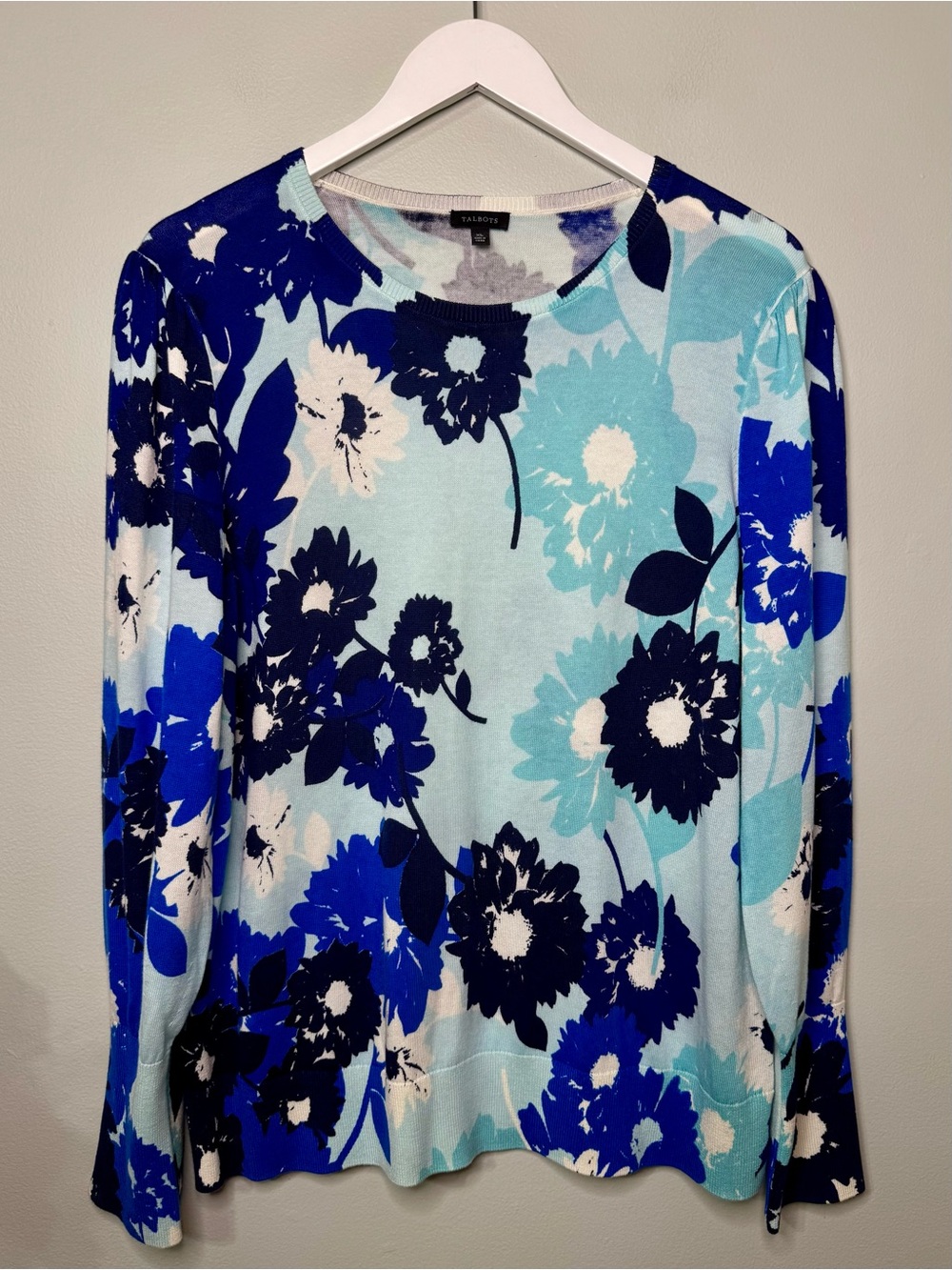 Talbots Blue Abstract Floral Puff Sleeve Sweater Lightweight Cotton Size XL - Picture 9 of 12